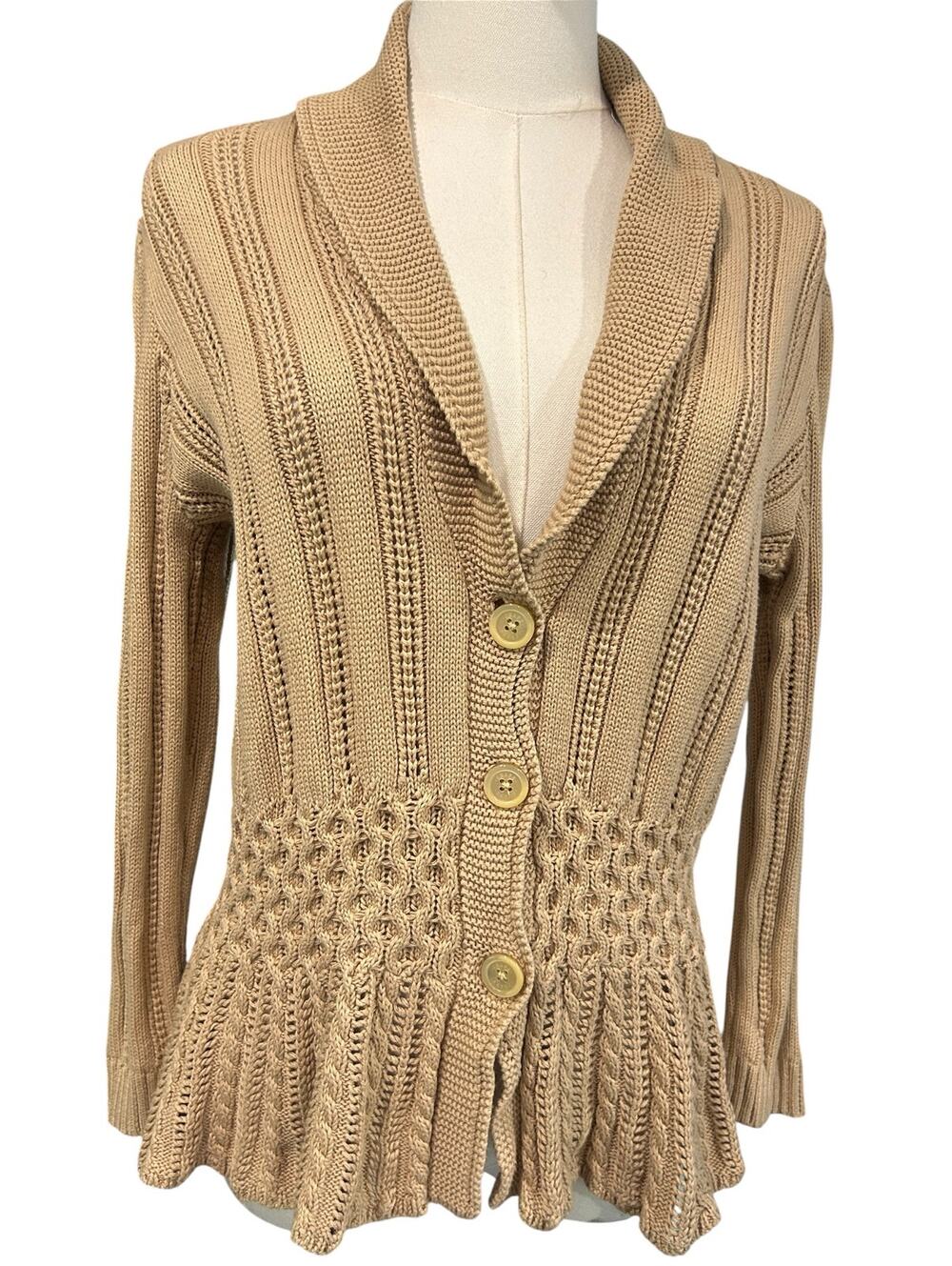 Chaps Petite Cable Knit Peplum Cardigan Boho 100% Cotton Shawl Collar Tan P/L